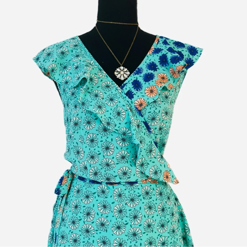 DONNA MORGAN ~ Teal Orange Blue Ruffled Floral High Low Wrap Dress size 16